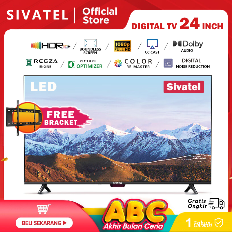 Star（FREE BRACKET）Promosi Sivatel TV Digital 20/21/22/24/25 Inch TV LED 24 Inch FHD 1080P Televisi Murah